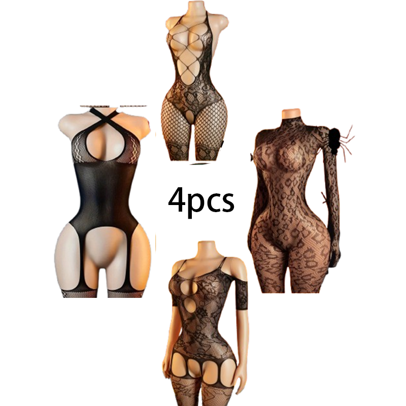 Bodystocking Fishnet - Set Lingerie Seksi 4-Potong: Bodystocking Jaring/Jumpsuit